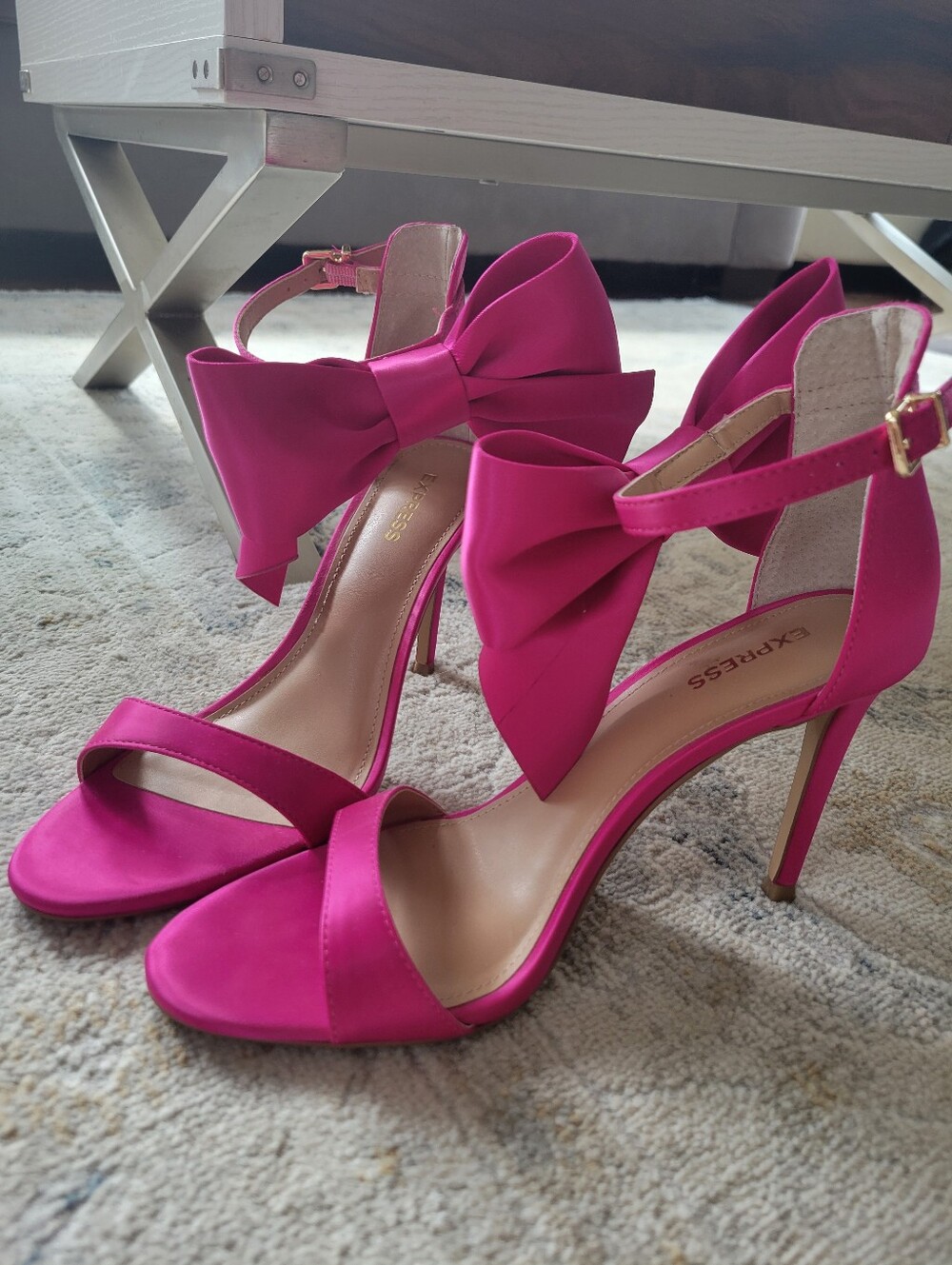 Express Hot Pink Satin Bow Heeled Sandals Size 7.5 Ankle Strap